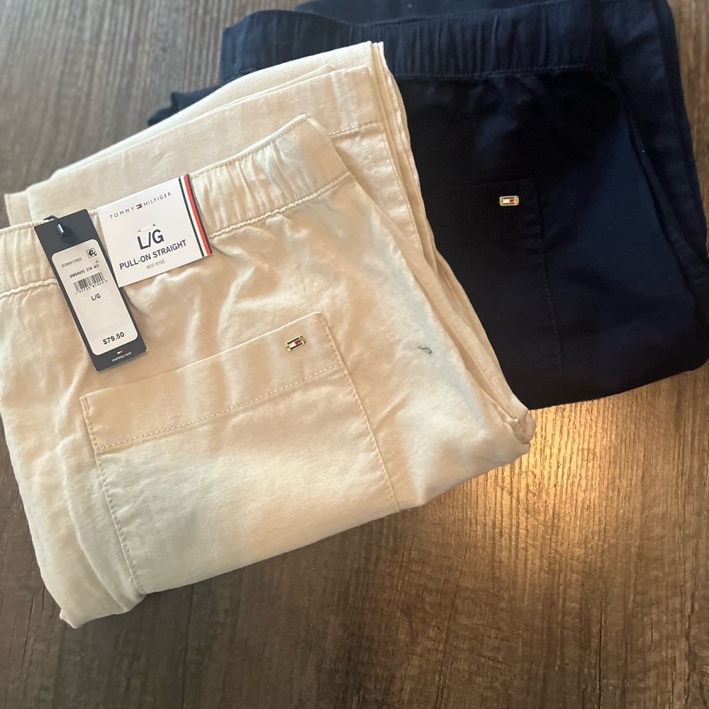 Tommy Hilfiger Women's Linen Pull-On Straight Pants - Tan and Navy